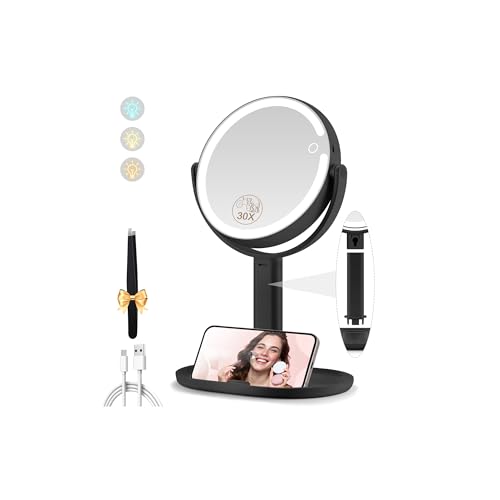 Makeup Mirror with Lights, Double Sided 1x/30x Magnifying Mirror with Light, Rechargeable 3 Color Lights and Adjustable Brightness, 360¡Æ Rotation Detachable Comes with Tweezer(Dark)