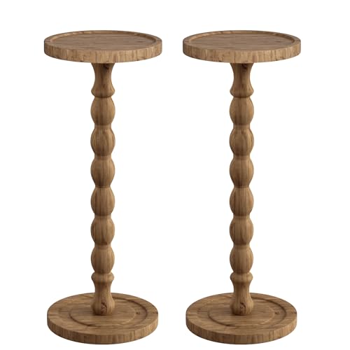 Small Round Side Table 2 Pack - Rubberwood Drink Table for Small Spaces, 9.4"W x 23.8"H - Brown Variation