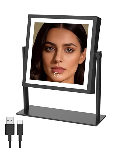 Ruacq Matte Black Dual Sided Lighted Makeup Mirror 1X/10X with Adjustable Brightness