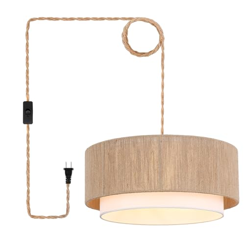 Buovikalo Brown & White Rattan Plug-In Pendant Light, 18” Boho Chandelier with Hemp Rope Shade