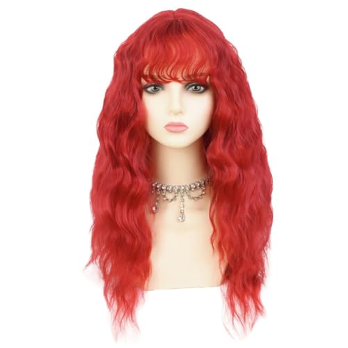 Curly Red Wavy Wig with Bangs - 24 Inch Heat-Resistant Synthetic Cosplay Hair - Dai Cloud