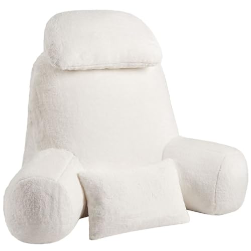 NOONTIDE Furry White XL Reading Pillow 32" with 2 Neck Support Pillows, Washable Cover