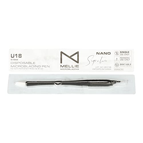 Mellie's Signature Microblading Eyebrow Pen (Pack of 10) - Disposable Microblading Pen with Sterilized Blade, Comfortable Rubber Grip and Pigment Sponge for Flawless Bro (U18 NANO .15mm, Black)