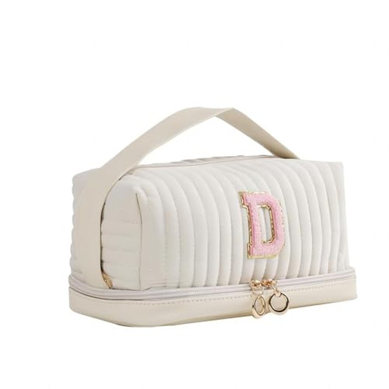 Initial Makeup Bag Monogrammed Double Layer Cosmetic Bag Velvet Travel Toiletry Bag Large Cpacity Makeup Pouch Portable Makeup Organizer Cosmetic Brush Bag Case (D, White/Pink)