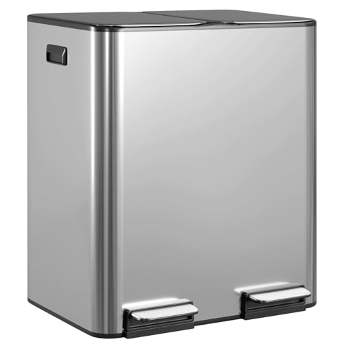Stainless Steel Trash Can with Lid 16G (2x8G) - Fingerprint-Proof, Quiet Close, Odor Control - Variation: Stainless Steel / 8G x 2