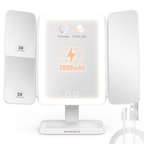 EASEHOLD Lighted Makeup Mirror, Rechargable Vanity Mirror with Magnification, 2X 3X, Trifold Makeup Mirror with Touch Control, 3 Color Dimmable LED Lights, Portable Make up Mirror, Gifts for Women