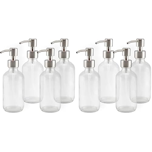 Cornucopia Brands 8-Ounce Clear Glass Boston Round Bottles w/Stainless Steel Lotion Pumps (8-Pack); Empty Refillable Liquid Soap & Lotion Bottles