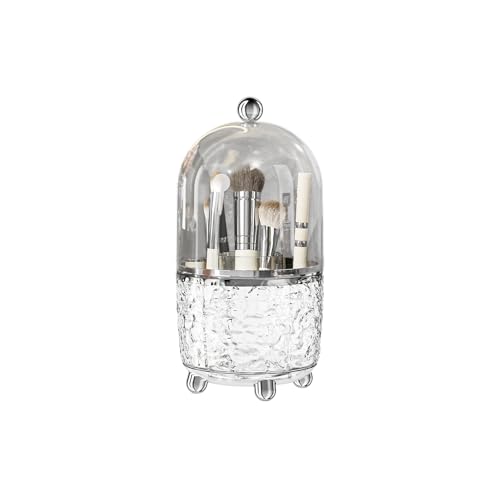 Makeup Brush Holder with Lid, 360¡Æ Rotating Cosmetic Tools Organizer with Cover, Dustproof Spinning Makeup Brush Organizer for Vanity, Ideal Gift for Girlfriend Wife Friends (Clear)