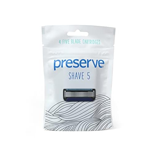Preserve Shave 5 Five Blade Refillable Razor, Made from Recycled Materials, Coral Pink and Preserve Five Blade Replacement Cartridges for Preserve Shave Five Recycled Razor (4 Count) Bundle