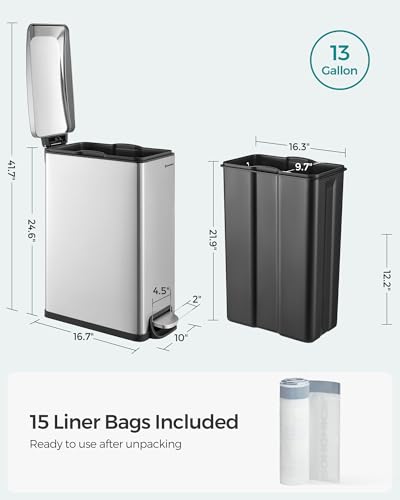 SONGMICS 13-Gallon Stainless Steel Slim Kitchen Trash Can with Lid - Silver Variation