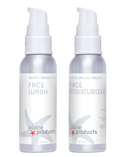 Plaine Products Original Refillable Face Wash & Moisturizer Set (2.5 oz each) for Sensitive Skin