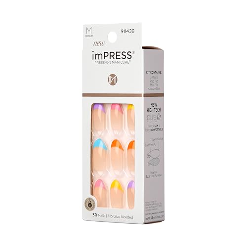 KISS Impress Press-On Manicure Fake Nails, Young Love - Medium Length, Almond Shape, Polish-Free Multicolor French Tip Design Mani, Includes Prep Pad, Mini File, Manicure Stick, and 30 Fake Nails