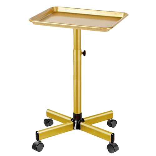 Salon Tray on Wheels, Gold Salon Rolling Tray with Adjustable Height, Hair Stylist Tray, Metal Service Instrument Storage Tray for Salon&Home Use, Suitable for Tattoo Tray and Dental Tray