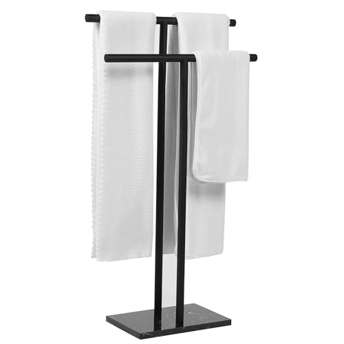 Matte Black Freestanding Towel Rack with Marble Base - Modern Bathroom Organizer