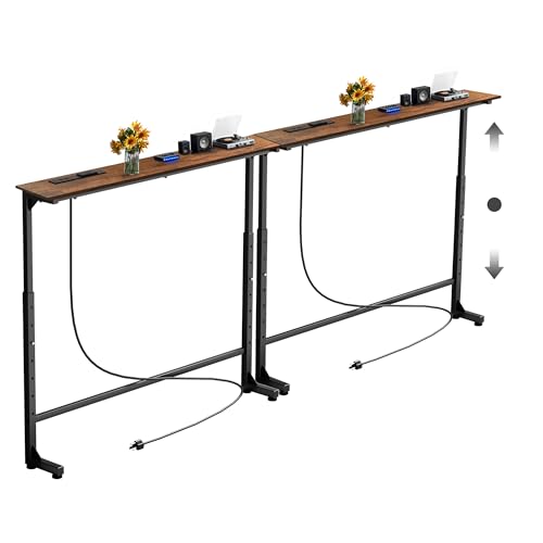 78-Inch Adjustable Height Behind Couch Table with Outlets - Rustic Brown