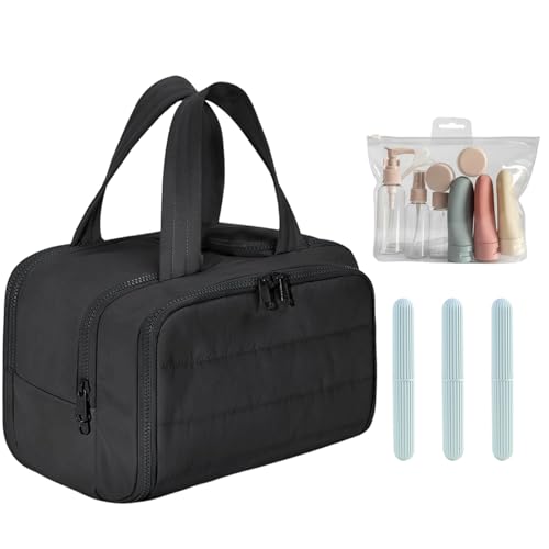 Travel Toiletry Bag, Large Wide-open Travel Bag for Women with 1 Toiletries Travel Bottles, 3 Portable Toothbrush Cases, Makeup Bag Organizer with Handle for Accessories,Essentials, Toiletries, Black