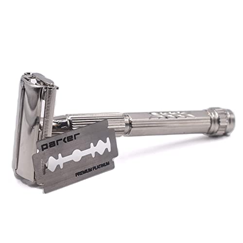 Parker 60R Long Handle Butterfly-Open DE Safety Razor for Men ? Solid Brass, Nickel-Plated Wet Shaving Razor ? Includes 5 Platinum Blades?Close, Comfortable Shave, Reduces Razor Burn & Ingrown Hairs