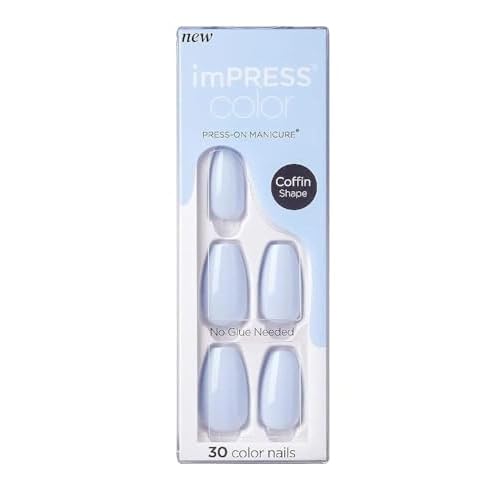 KISS imPRESS Color No Glue Mani 30 Pcs Press On Nails, Light Blue, Medium Size, Coffin Shape, Simple Peel & Press Easy Apply, Hassel-Free Removal, Essential Tools Included
