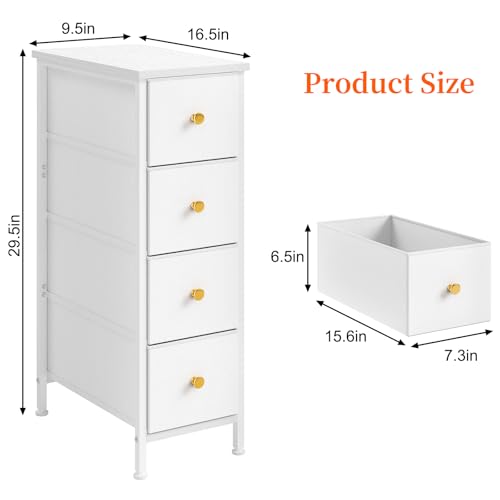 Fixwal Narrow Storage Cabinet - Slim White Dresser with 4 Fabric Drawers, 16.5 x 9.5 x 29.5 Inches