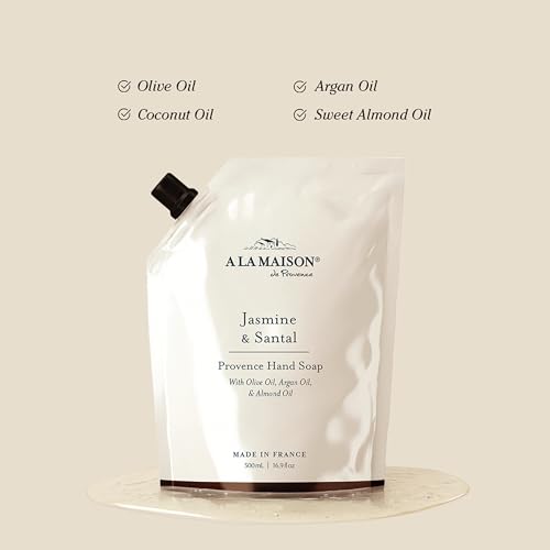 A LA MAISON Hand Soap Refill Pouch ? Jasmine & Santal? Liquid Hand Wash Refill, Eco-Friendly & Recyclable ? Plant-Based, Biodegradable, Made in France ? 16.9 fl oz ? Amber Collection