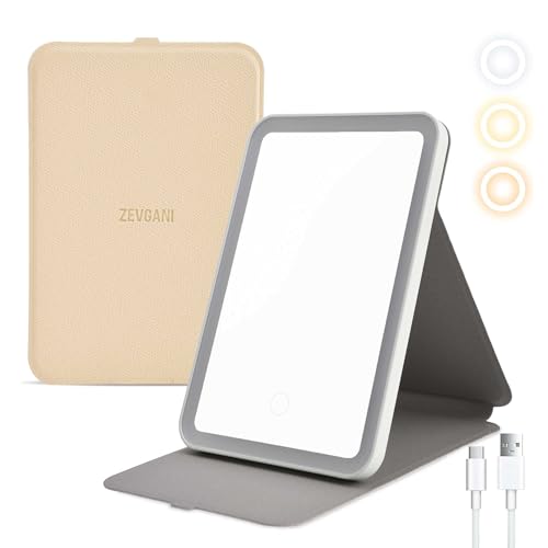 ZEVGANI Travel Lighted Makeup Mirror, 3-Color Dimmable LED Lighting, USB Rechargeable Light up Portable Tabletop Folding Vanity Cosmetic Mirror, Leather Cover Beige