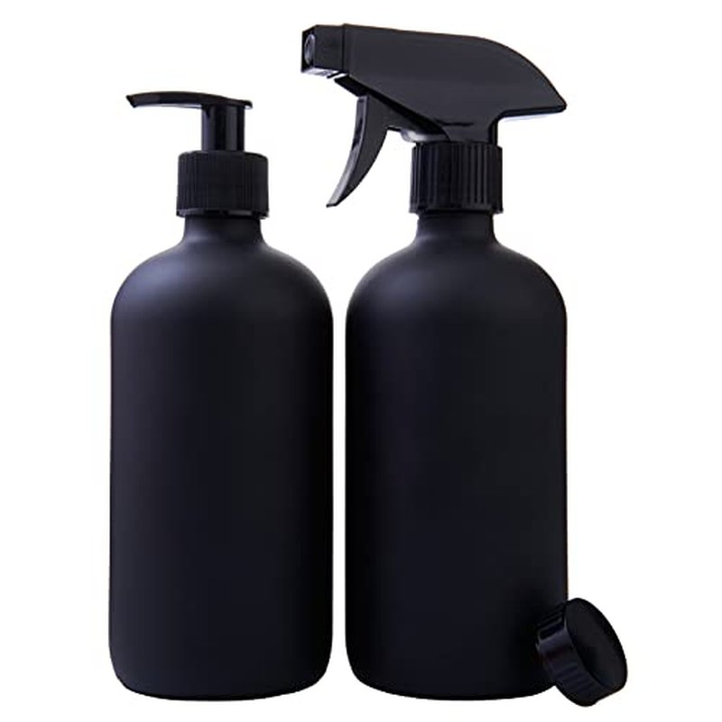 Black Boston Round Glass Bottles, 16oz | Glass Spray Bottle & Soap Dispenser | Reusable for Cleaning & More | Set of 2