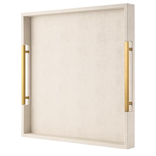 Large Beige Faux Leather Serving Tray with Handles - 20x20 Inches, Stylish Ottoman & Coffee Table Decor