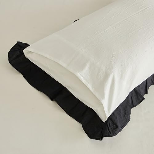 Queen Ruffle Duvet Cover Set Black and White Washed Cotton with Pillow Shams - Farmhouse Style
