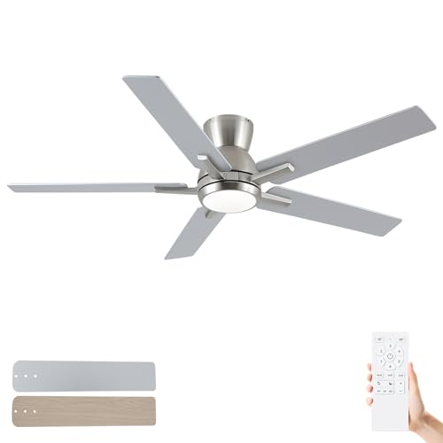 52-Inch Brushed Nickel Flush Mount Ceiling Fan with Remote & Light - Reversible Blades