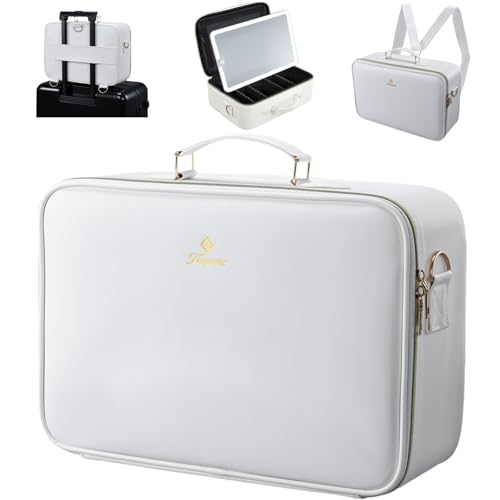 Cream Large Makeup Bag with LED Mirror - Travel Organizer for Artists