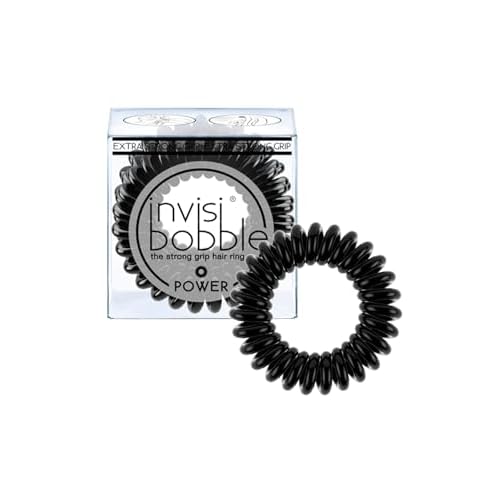 invisibobble Power Traceless Spiral Hair Ties - Pack of 3 True Black - Strong Elastic Grip Coil Hair Accessories for Active Women - No Kink, Non Soaking - Gentle for Girls Teens and Thick Hair