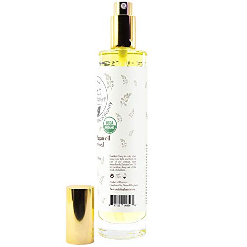 Natural Elephant USDA Certified Organic 100% Pure Argan Oil, Cold-Pressed, 100 ml (3.38 fl oz) - Nourishing & Hydrating for Skin, Hair, and Nails