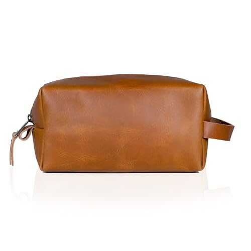 Buffalo Leather Travel Toiletry Bag - Tan Dopp Kit for Men & Women, Organizer with Zipper