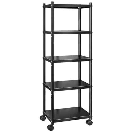 5-Tier Adjustable Metal Storage Shelves with Wheels - Kitchen, Pantry, Laundry, Closet Organizer 17"L x 12.4"W x 59"H