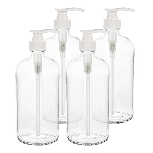 kitchentoolz 32 Ounce Large Clear Glass Boston Round Bottles with White Pumps. Great for Lotions, Soaps, Oils, Sauces and DIY Laundry Detergent - Food Safe and Medical Grade (Pack of 4)