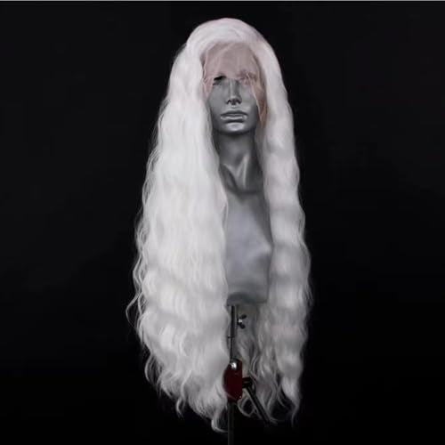 ELESTY CR1001 White Long Wavy Synthetic Lace Front Wig 24 Inch for Women — Glueless, Pre-Plucked, Heat Resistant Fiber, Cosplay & Party