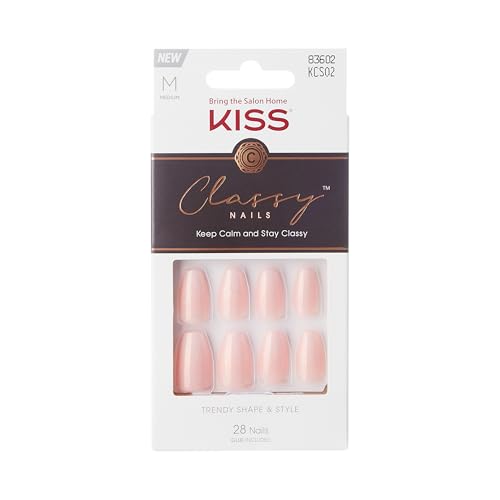 KISS Classy French Nail Manicure Kit with Gel Finish,Medium,Coffin Shaped,Includes Pink Nail Glue (Net Wt. 2 g / 0.07oz.),Mini Nail File,Manicure Stick, 28 Fake Nails,Cozy Meets Cute,28 Count