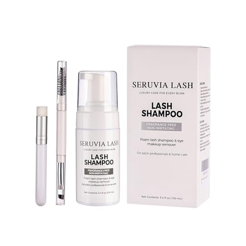 Eyelash Shampoo for Eyelash Extensions (3.4 fl oz / 100ml) - Sensitive Eyelid Foaming Cleanser - Oil-Free Lash Bath for Daily Aftercare - Includes Soft Brush & Mascara Wand