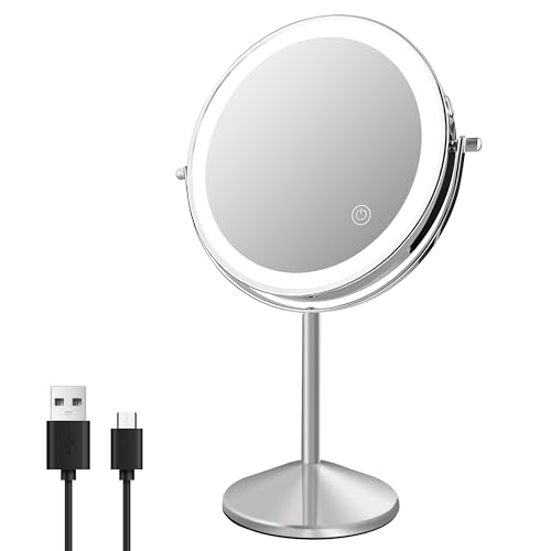 Ysenchan Lighted Makeup Mirror, 8'' Rechargable LED Vanity Magnifying Mirror, Double Sided 5X Manification Mirror with Stand, Cosmetic Standing Desk