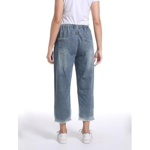 Lavnis Women's Cropped Jeans Cotton Loose Denim Pants Casual Elastic Waist Ripped Jean Joggers