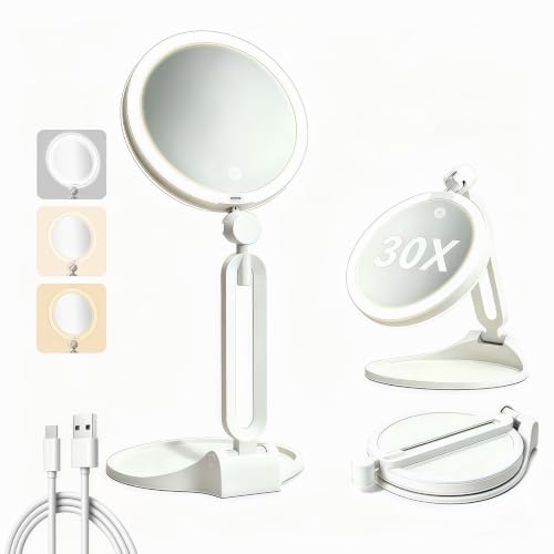 Travel Makeup Mirror with Lights 6.6" Dual-Sided 1X/30X Magnification, Portable LED Vanity Mirror