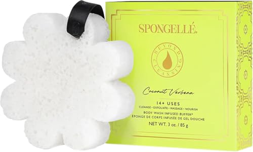 Bath Sponge with Built-In Body Wash - Coconut Verbena, Grapefruit Cassis & Freesia Pear | Gift Set with Loofah & Box - 14+ Uses