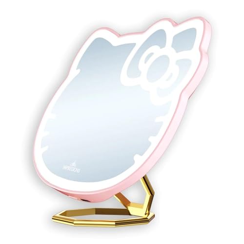 Impressions Vanity Hello Kitty 3X Magnifying Pocket Mirror with Stand, Adjustable Brightness Daylight LED Lighted Compact Makeup Mirror for Desk, Travel, Purse (Pink)