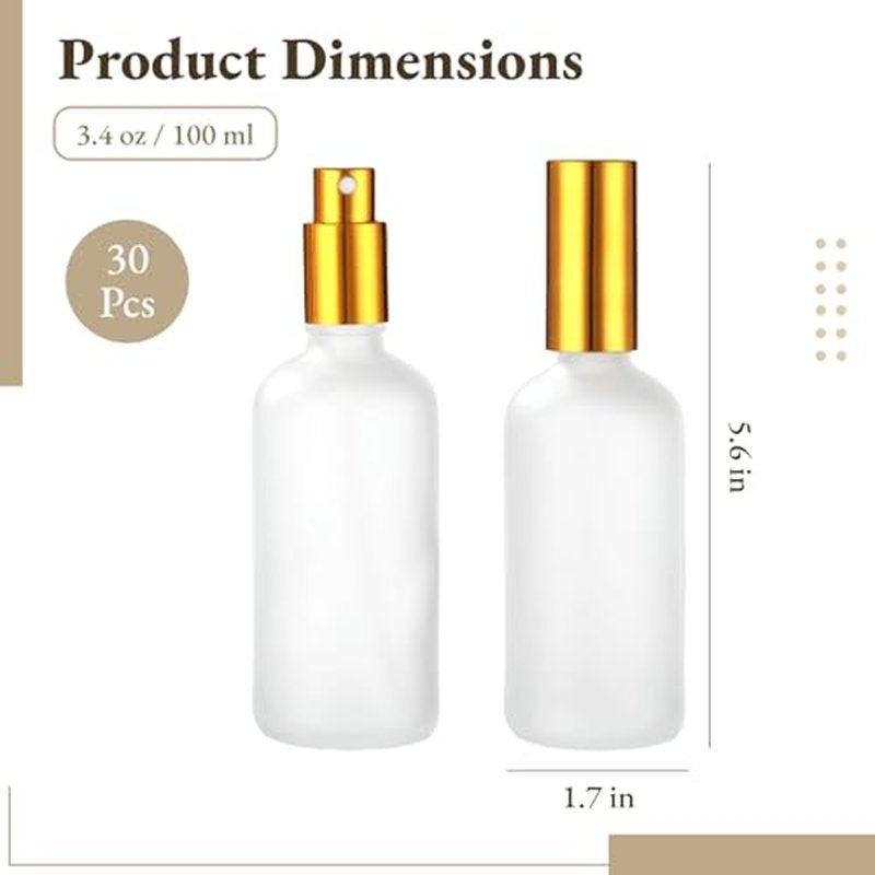 30 Pcs Frosted Glass Spray Bottles - 3.4 oz / 100 ml Refillable Empty Perfume Atomizer, Fine Mist Spray Bottle, Leak-Proof Reusable Containers for Travel, Essential Oils & Liquid Dispensing (Gold)