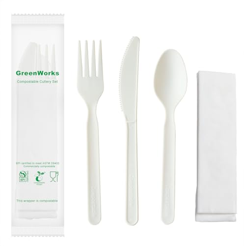GreenWorks 7-inch Heavy-duty Compostable Cutlery Kit - 200 Sets BPI Certified Eco-Friendly Utensils with Napkins & Bags