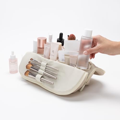 THE VERTI-Vertical Waterproof Makeup & Toiletry Bag | 23-Pocket Organizer with Upright, Fold-Down Design for Skincare, Toiletries & Essentials (Shell)