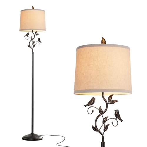 63-Inch Rustic Bird Leaf Floor Lamp - Bronze Finish for Living Room