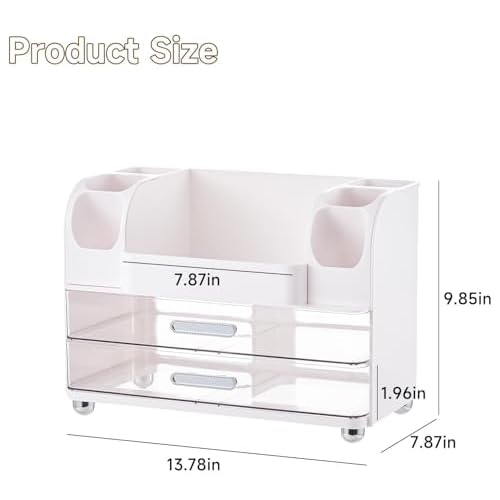Makeup Organizer Countertop with 2 Large Drawers, Vanity Organizer with Brush Holder, Skin Care Storage for Dresser, Perfume Organizer for Lotion, Lipsitck, Palette(White)