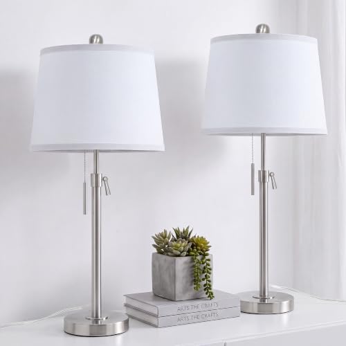 Silver White Shade Set of 2 Modern Adjustable Table Lamps - 22 to 30 Inch Bedside & Living Room Lighting