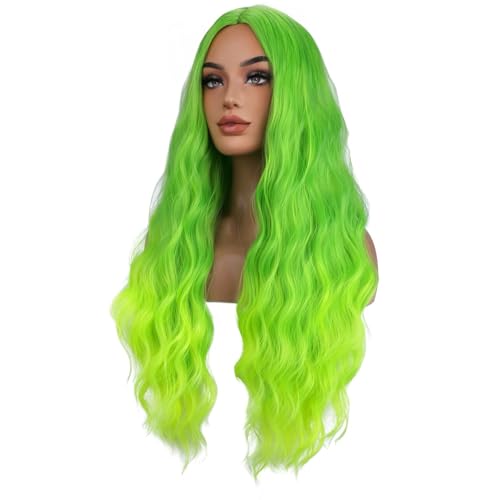 Green Ombre Neon Wavy Wig for Women Long Curly Synthetic Costume Hair - Adjustable